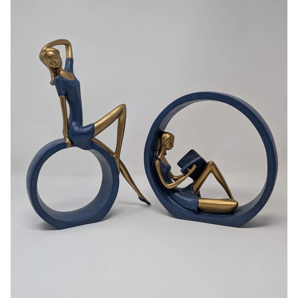 Modern Blue and Gold Figurines Set Reading Poised Sculptures Decor BEAUTIFUL!